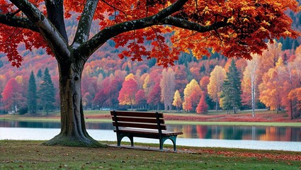 Autumn scenery with a bench under a colorful maple tree  