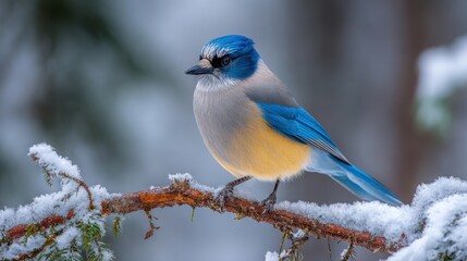 A vibrant blue bird stands on a snow-covered branch in a quiet forest. The scene captures the beauty of winter with soft snowflakes surrounding the creature.
