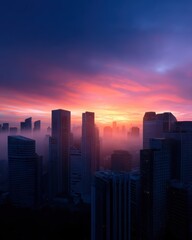 Fototapeta premium A dramatic cityscape at dawn with skyscrapers silhouetted against a colorful sunrise sky and misty streets below