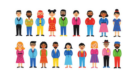 Fototapeta premium Diverse group of cartoon people standing together in a line isolated on white background