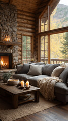 Rustic, gorgeous living room interior in log cabin house. High ceiling with wooden beams, a stunning stone fireplace, and a striking rustic chandelier. A bright cozy spacious room