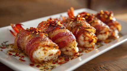 Succulent shrimp are wrapped in crispy bacon and garnished with spices served on a decorative plate. This dish showcases a blend of flavors perfect for seafood lovers.