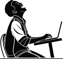 Person working on laptop with head tilted back silhouette