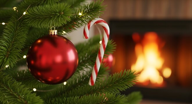 Closeup of a red bauble and candy cane on a christmas tree with a fireplace