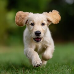 Playful golden retriever puppy running joyfully on fresh green grass with floppy ears and bright eyes