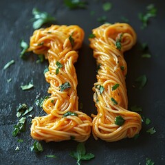 Two Tall Towers of Spaghetti Pasta with Tomato Sauce and Herbs.