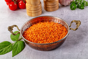 Raw dry red lentil in the bowl