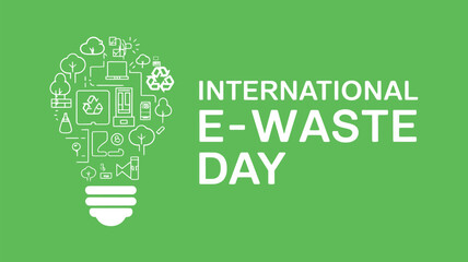 Vector art of international ewaste day concept with a lightbulb made of electronic waste symbols and recycling icons on a green background
