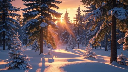 Winter forest landscape with snow-covered trees at sunset  