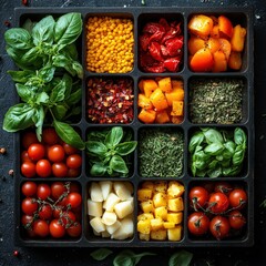 Vibrant assortment of fresh vegetables herbs and spices organized for cooking.