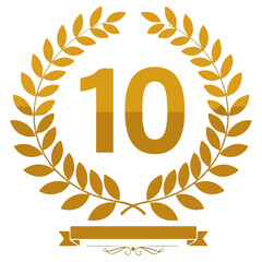Golden Laurel Wreath with Number 10 - Tenth Anniversary Celebration Vector Graphic