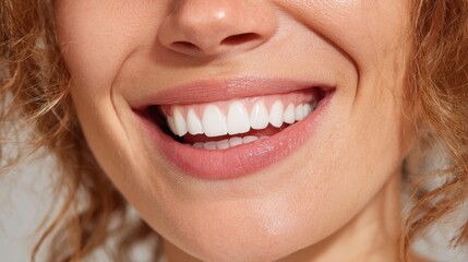 Obraz premium A woman with curly hair displays a bright smile highlighting her white teeth and joyful expression. Sunlight enhances her cheerful demeanor and creates a warm atmosphere.