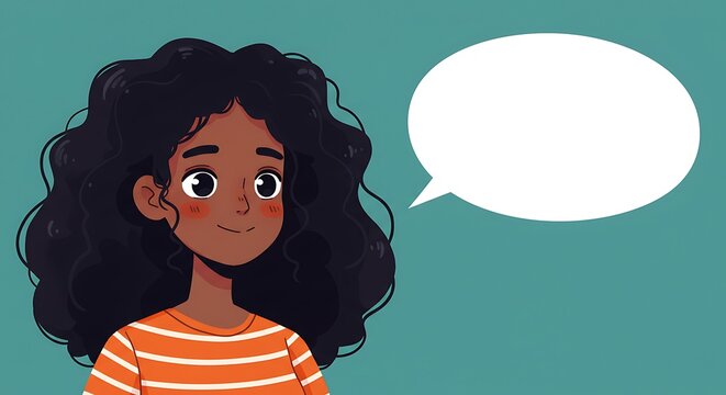 Cartoon African American girl with speech bubble perfect for communication or design
