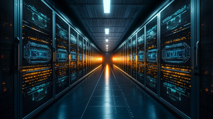 Futuristic data center hallway with glowing server racks and bright light at end, creating sense of advanced technology and innovation