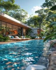 Luxurious Tropical Pool Surrounded by Lush Greenery and Modern Architecture in a Serene Outdoor Setting