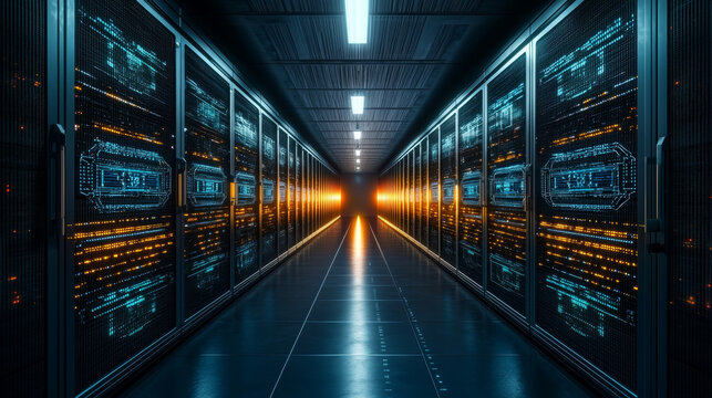 Futuristic data center hallway with glowing server racks and bright light at end, creating sense of advanced technology and innovation - Powered by Adobe
