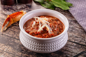 Tomato gazpacho soup with crab