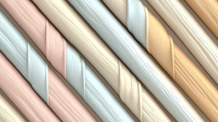 Soft pastel colored diagonal wooden planks create soothing pattern with textured surface, featuring shades of pink, cream, and light blue. arrangement evokes sense of calm and harmony
