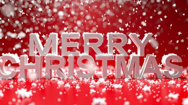 Golden Merry Christmas letters beautifully displayed against a rich red background, with delicate white snowflakes gently falling from above in a cinematic wide-angle shot with dramatic lighting