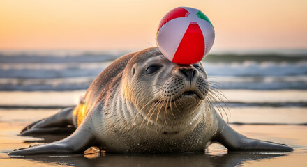 Seal Balancing Beach Ball on its Nose at Sunset - Funny and Playful Wildlife Photo