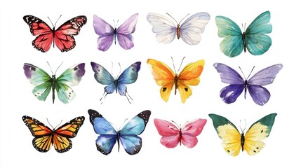 A collection of twelve watercolor butterflies displayed in various colors and styles highlighting the beauty of nature and art through intricate details and unique designs.