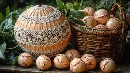 Vintage Baseballs and Decorative Lace Sphere in a Rustic Still Life Setting.