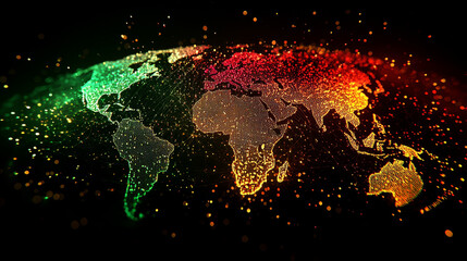 Digital representation of world map with vibrant colors illustrates global communication networks. map is illuminated with dots and lines, symbolizing connectivity and data flow