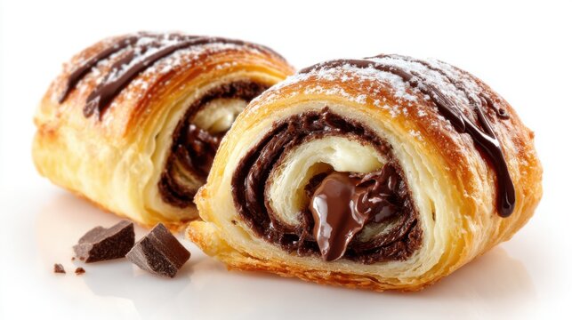 Delicious chocolate croissants are featured showcasing flaky layers filled with creamy chocolate. They are positioned on a white background highlighting their inviting texture.