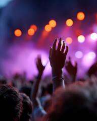 A group of friends enjoying a lively music festival with colorful stage lights and energetic crowds