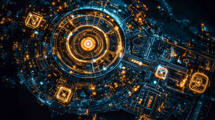 Futuristic digital interface with glowing circular patterns and intricate circuit designs, evoking sense of advanced technology and innovation