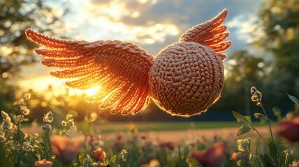 Whimsical Knitted Ball with Wings Soaring Above Field at Sunset.