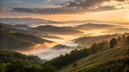 Sunrise Over Foggy Mountain Valley with Golden Light, Misty Hills, Cinematic Wide