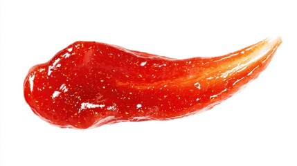 A vibrant red chili paste sits on a smooth white surface showcasing its glossy texture and rich color. The paste has a smooth form indicating its thick consistency.