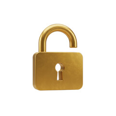 Unlocked golden padlock 3D rendering isolated PNG with Transparent Background