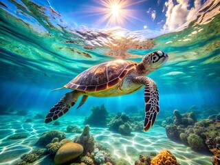 Obraz premium Sea turtle swimming in crystal clear turquoise water with sun rays shining through the surface of the ocean