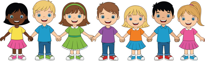 Cartoon illustration of diverse happy children holding hands, multicultural kids friendship, unity, teamwork, education, group activity, childhood fun together