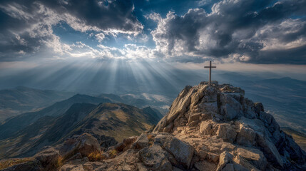 Mountain summit with a cross under dramatic cloud-filled sky and sun rays breaking through clouds