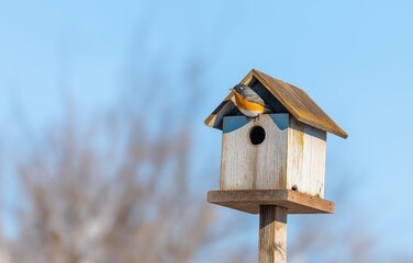Birdhouse with a colorful bird perched on a tree against a bright blue sky in springtime tranquility