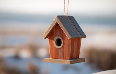 Bright birdhouse hanging on a tree branch under blue sky captures the essence of springtime tranquility and nature's charm