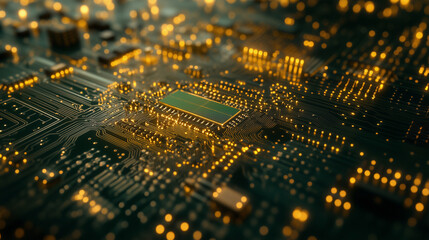 Obraz premium High-Tech Green Circuit Board with Golden Electrical Traces - Electronic Engineering Design