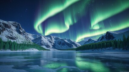 Majestic northern lights over snowy mountains and a frozen lake  