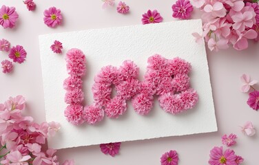 Elegant display of love created with pink carnations on white background surrounded by delicate pink floral accents