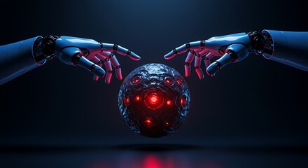 Robotic hands reaching for a mysterious glowing orb in a dark environment