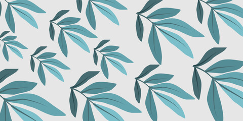 Repeating Teal Leafy Branches Pattern on Light Gray Background.