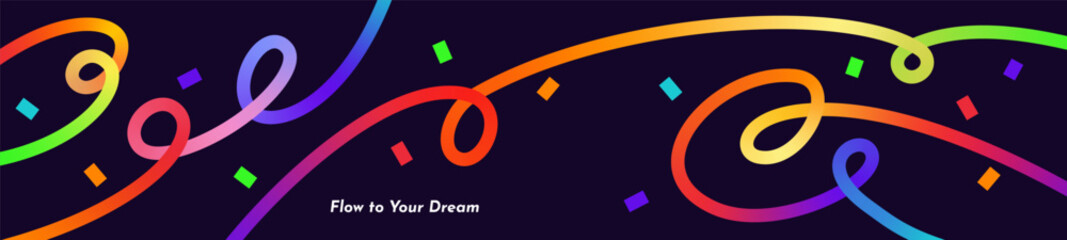 Abstract Gradient Swirl Lines Design with Confetti. Modern Curved Line Rainbow Ribbons Composition for Greetings, Creative Branding, Covers, Social Media, Shop Sale Flyers. Vector Illustration