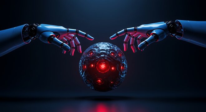 Robotic hands reaching for a mysterious glowing orb in a dark environment