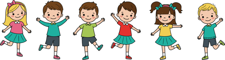Happy cartoon children group standing together, smiling kids illustration, cute boys and girls, colorful clothes, friendship, childhood fun, playful character design