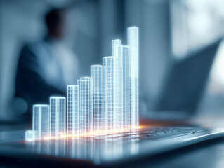 Futuristic digital bar chart projection rising on a laptop keyboard symbolizing data growth and business analytics in a modern office environment with blurred background