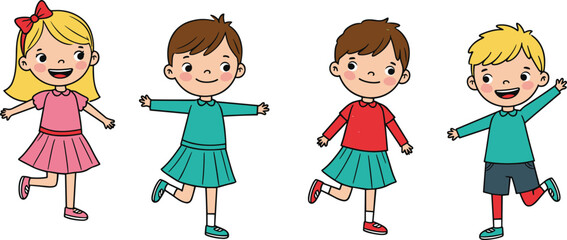 Happy cartoon kids group illustration, smiling children standing together, cute boys and girls, friendship, fun childhood, colorful clothes, playful character design