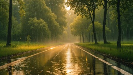 Serene forest road reflecting sunlight after rain in morning light  